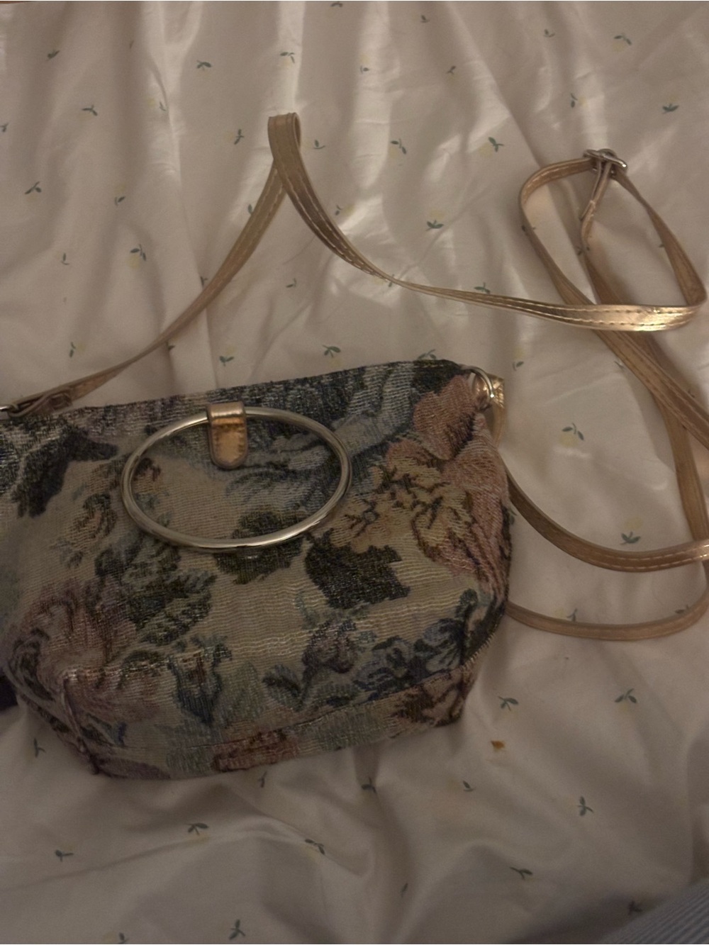 Floral Tapestry Crossbody Bag with Gold Strap